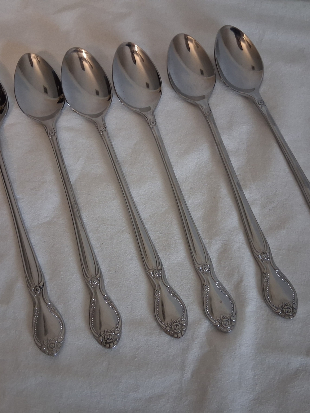​Vintage Kurman Stainless Steel Iced Tea Spoons Korea Embossed Rose Pattern